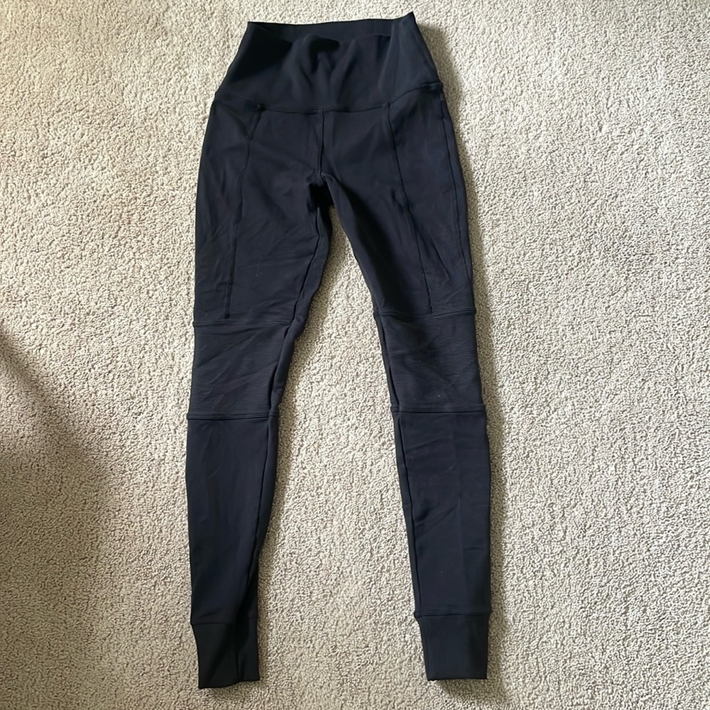 Alo Black Moto Style Joggers with Ribbed Knee Design